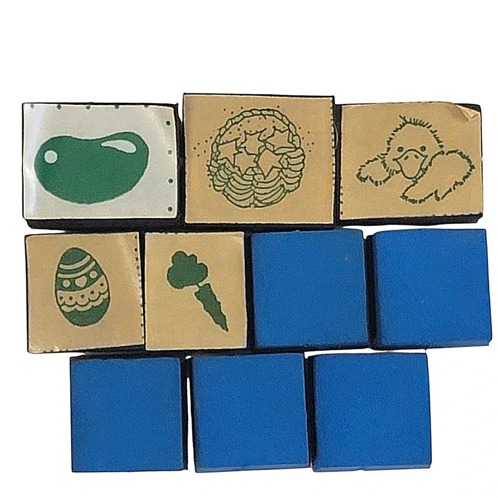 VTG‎ Easter Rubber Stamp Set 10 Pc Foam Bunny Egg Chick Carrot Basket Jelly Bean